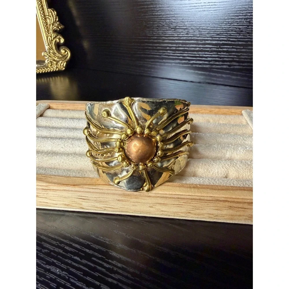 Artisan Mixed Metal Cuff Bracelet Tri-Tone Sunburst Hammered Silver Gold Copper